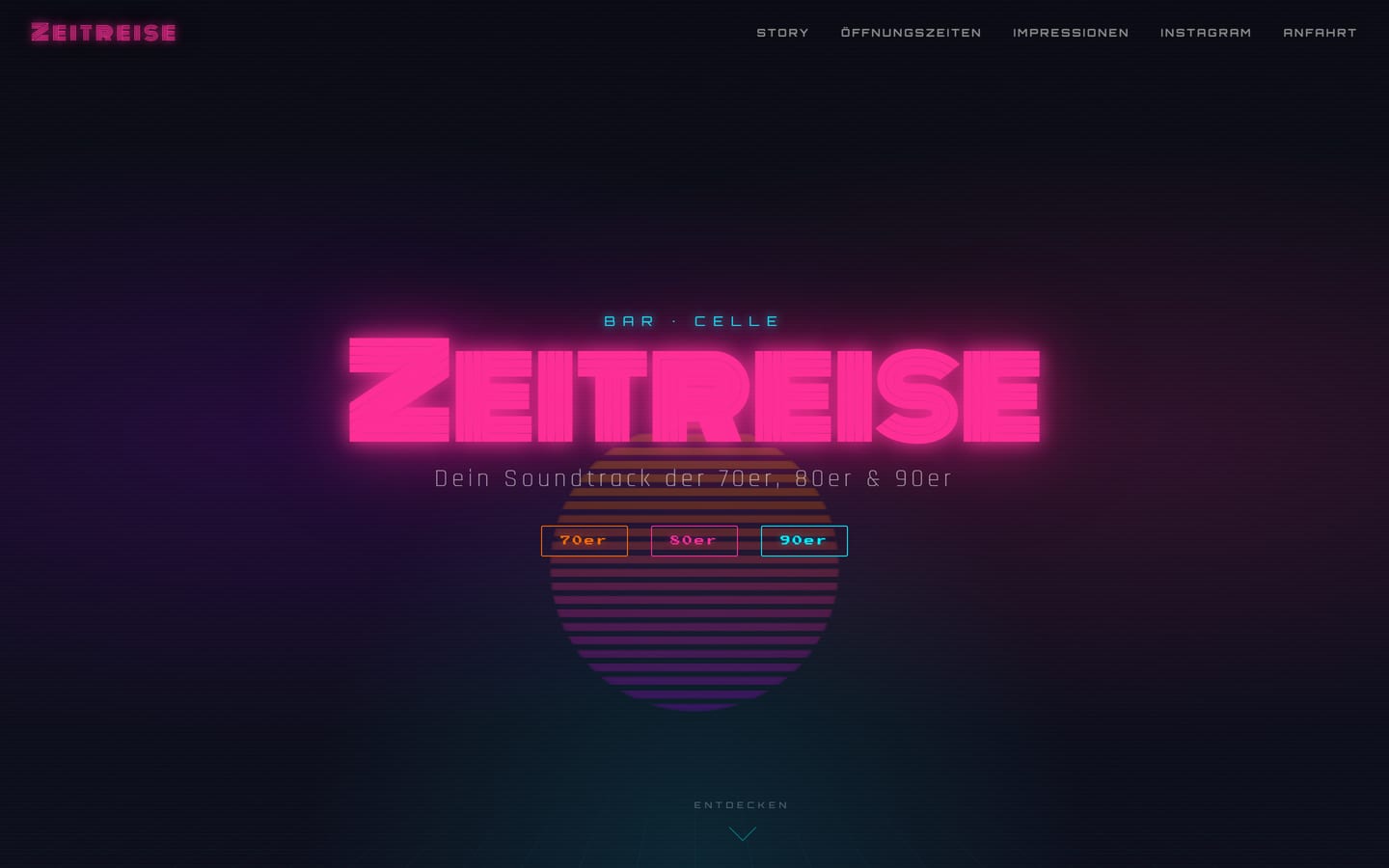 SeitenFlink Referenz – Bar Zeitreise Celle: Retro-Website im Neon-Look für eine 70er-, 80er- und 90er-Bar