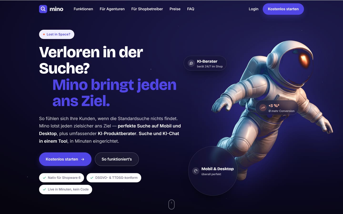 SeitenFlink Referenz – Mino Finder: SaaS-Website für KI-gestützte Shop-Suche und KI-Produktberater