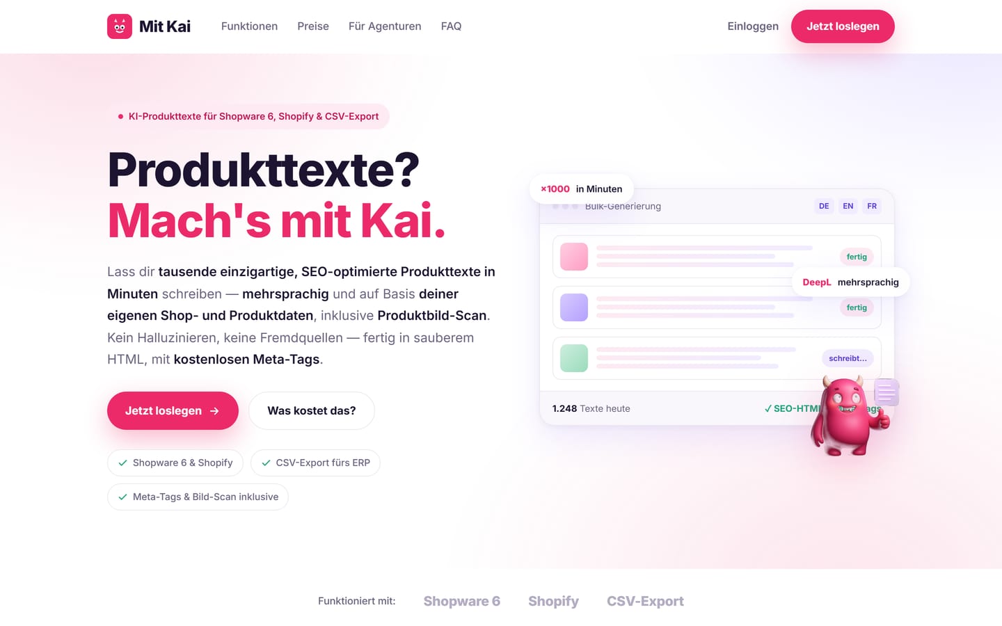SeitenFlink Referenz – mit Kai: Website für KI-Produkttexte für Shopware 6, Shopify und CSV-Export
