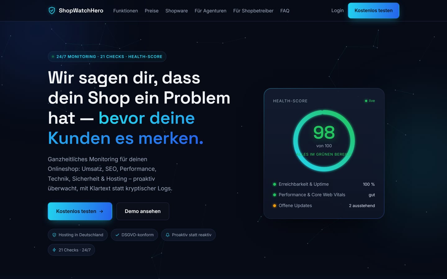 SeitenFlink Referenz – ShopWatchHero: SaaS-Website für 24/7-Shop-Monitoring mit Health-Score
